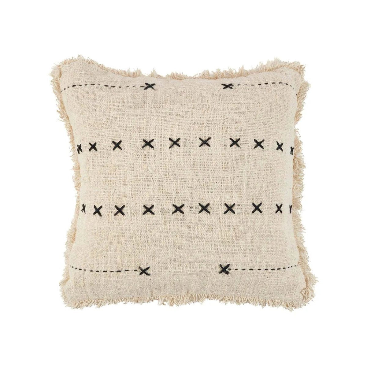 Beige pillow with black cross patterns on a white background