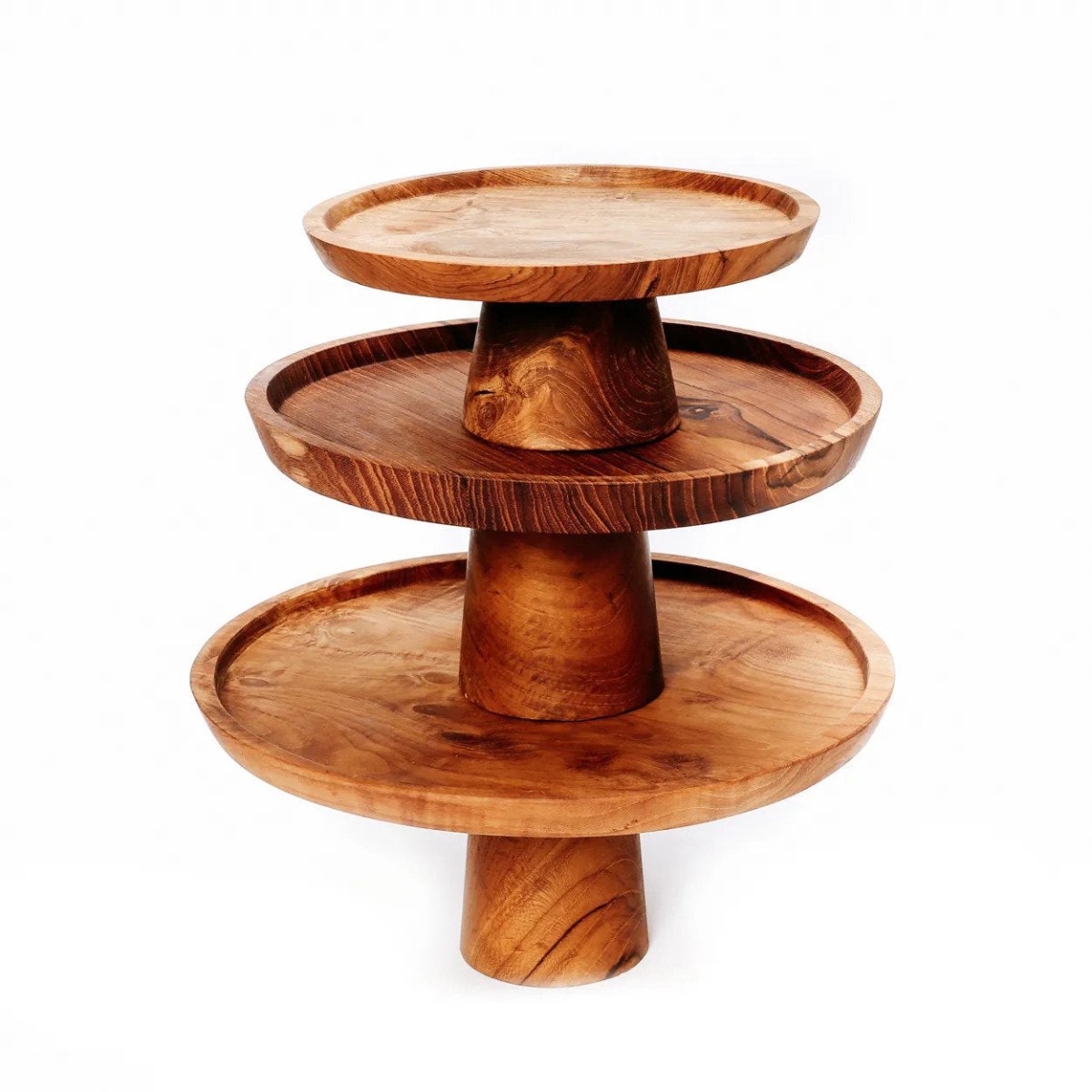 Three-tiered wooden serving tray on a white background