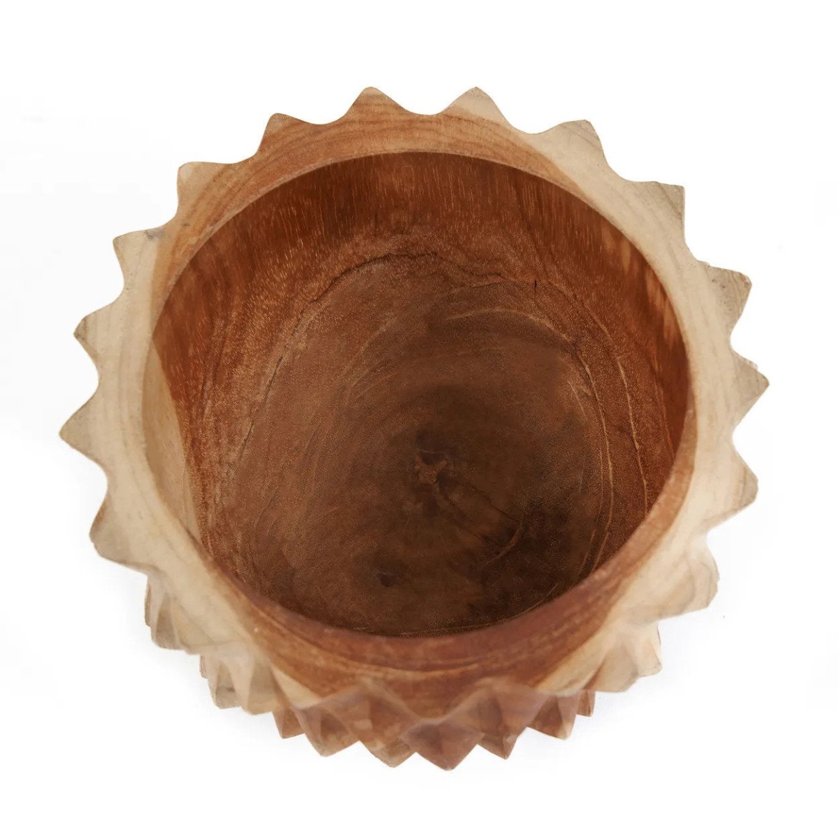 Wooden bowl with decorative rim on a white background