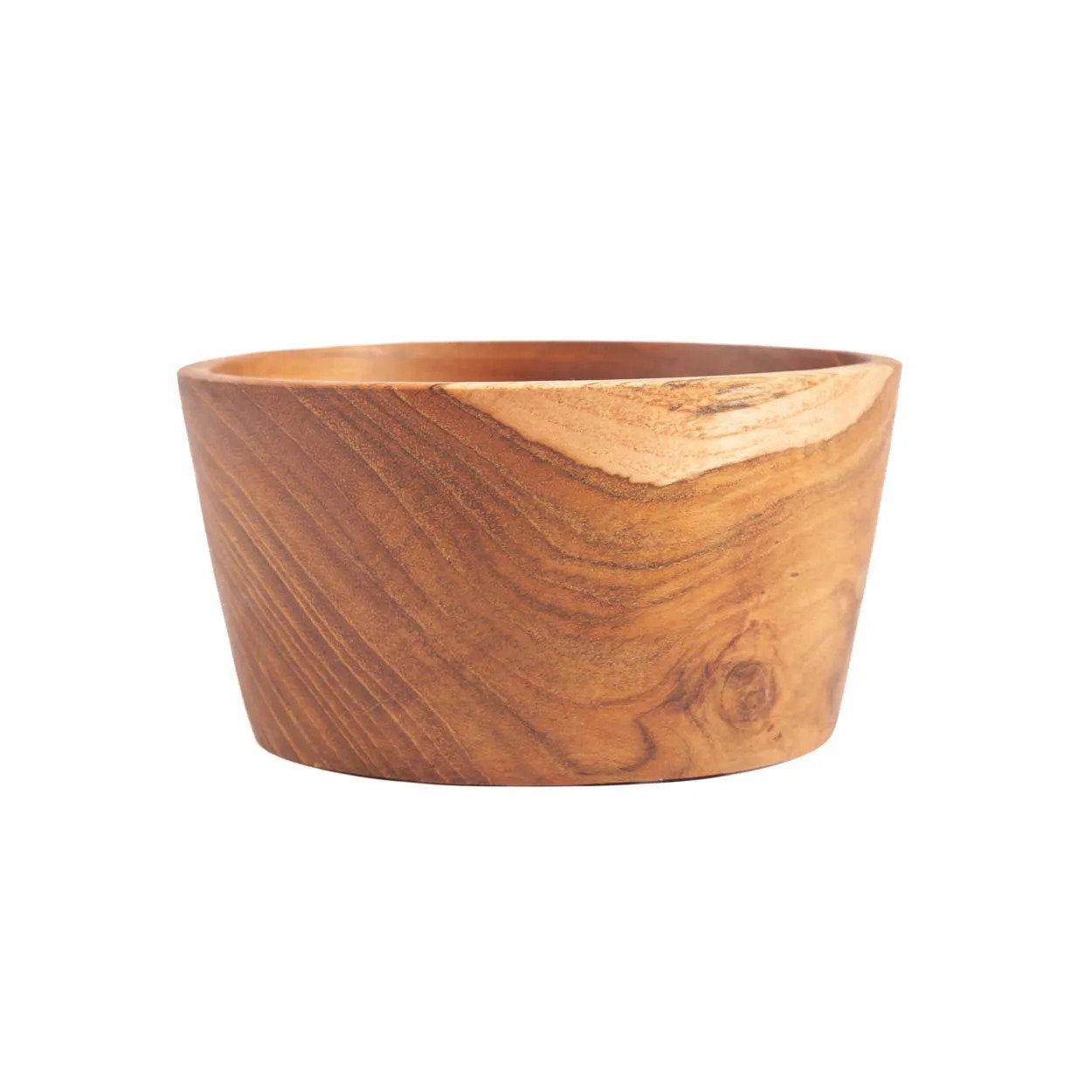 Wooden bowl with a natural finish on a white background