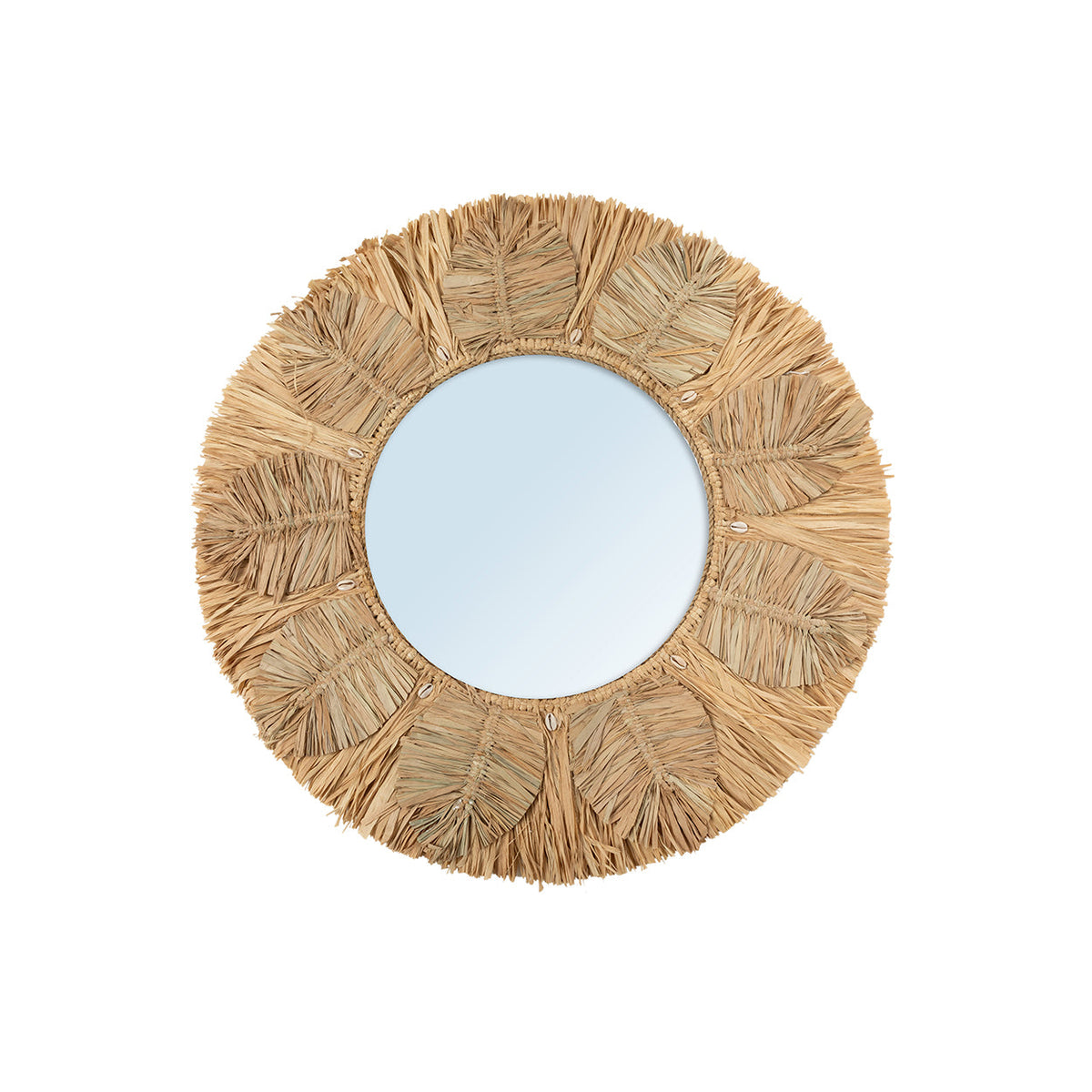 Round mirror with a natural woven frame on a white background