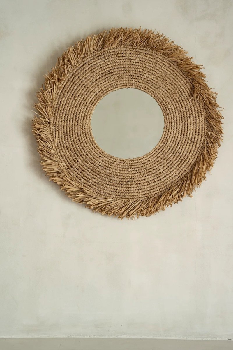 Yema Mirror – Natural Raffia | Fringed Round Wall Mirror 60x60 cm - 