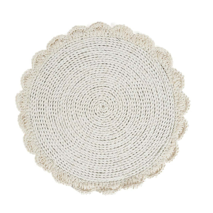 Round woven placemat on a white background