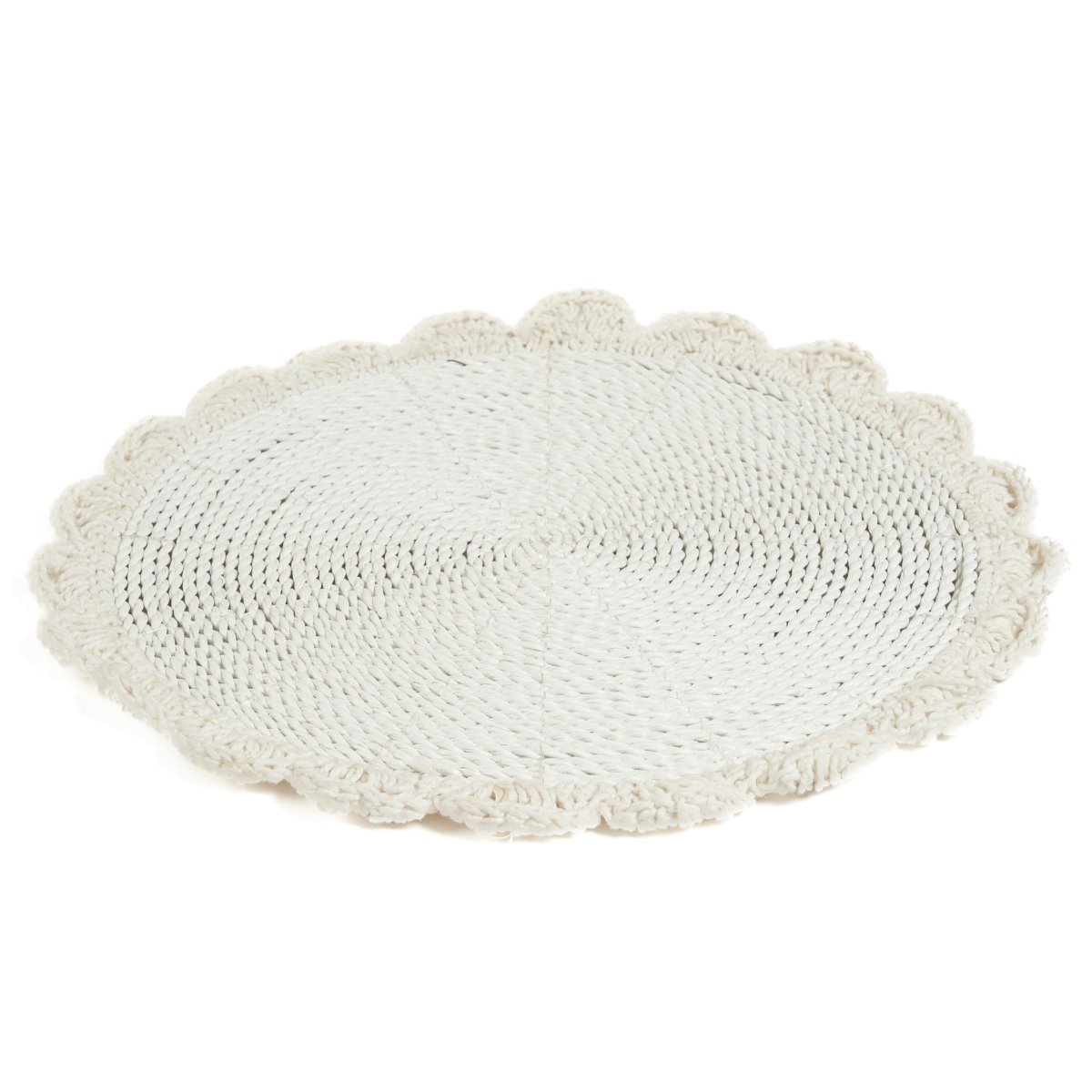 Round white crocheted mat on a white background