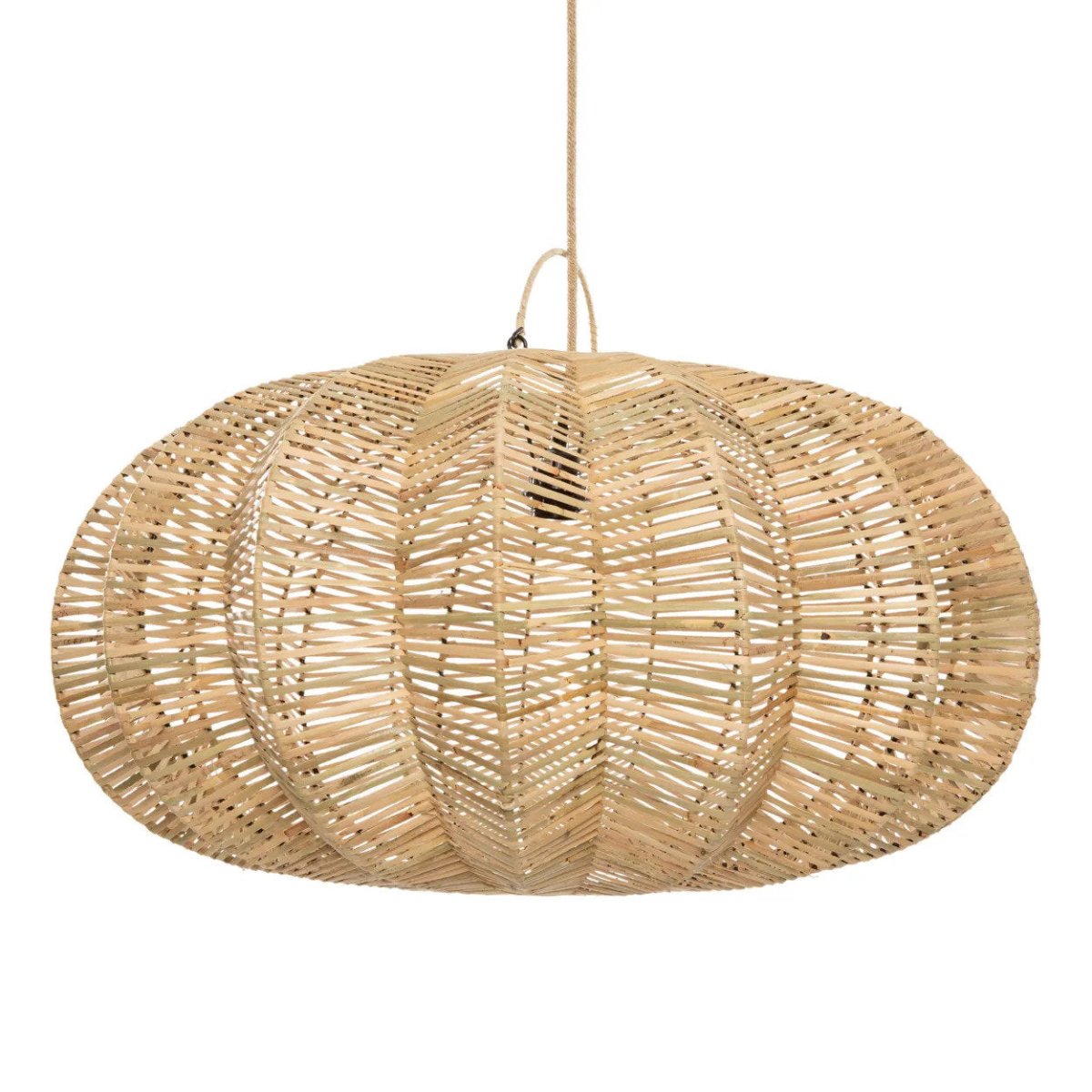 Woven rattan pendant light on a white background