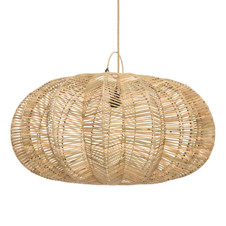Woven rattan pendant light on a white background