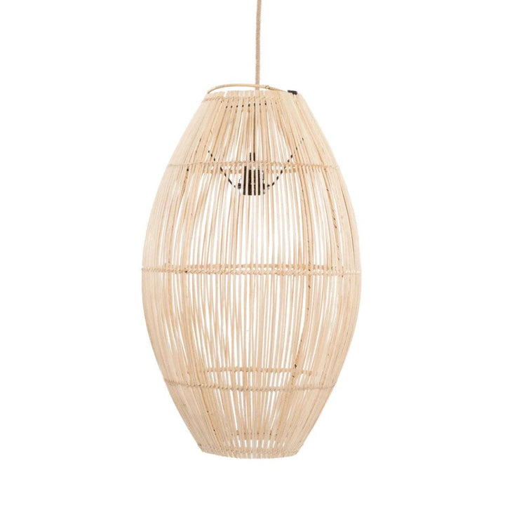 Woven rattan pendant light on a white background