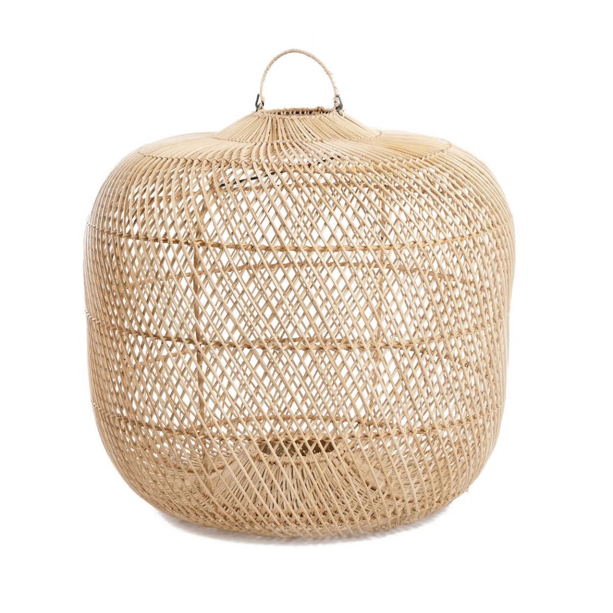 Woven natural material basket on a white background