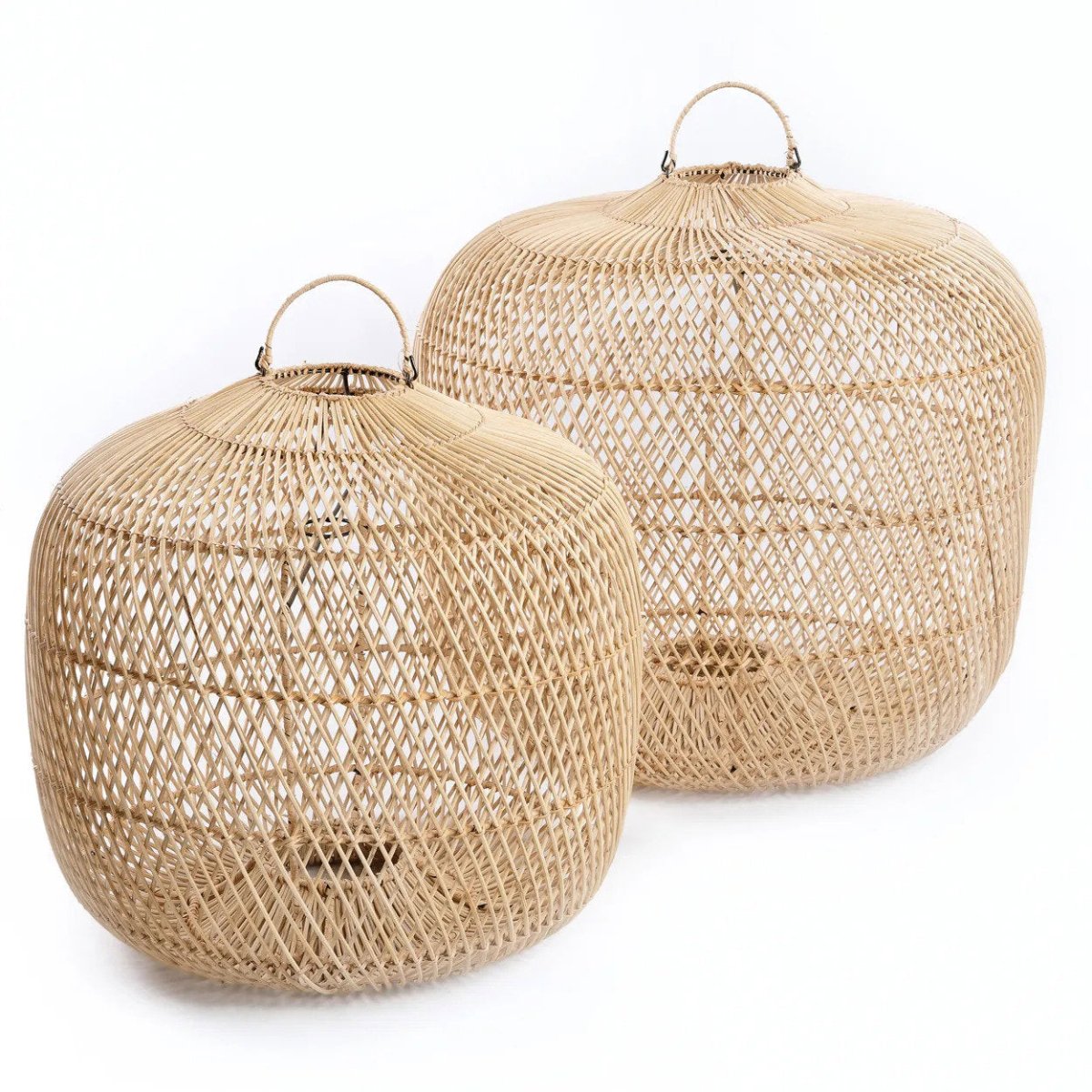 Two woven lanterns on a white background