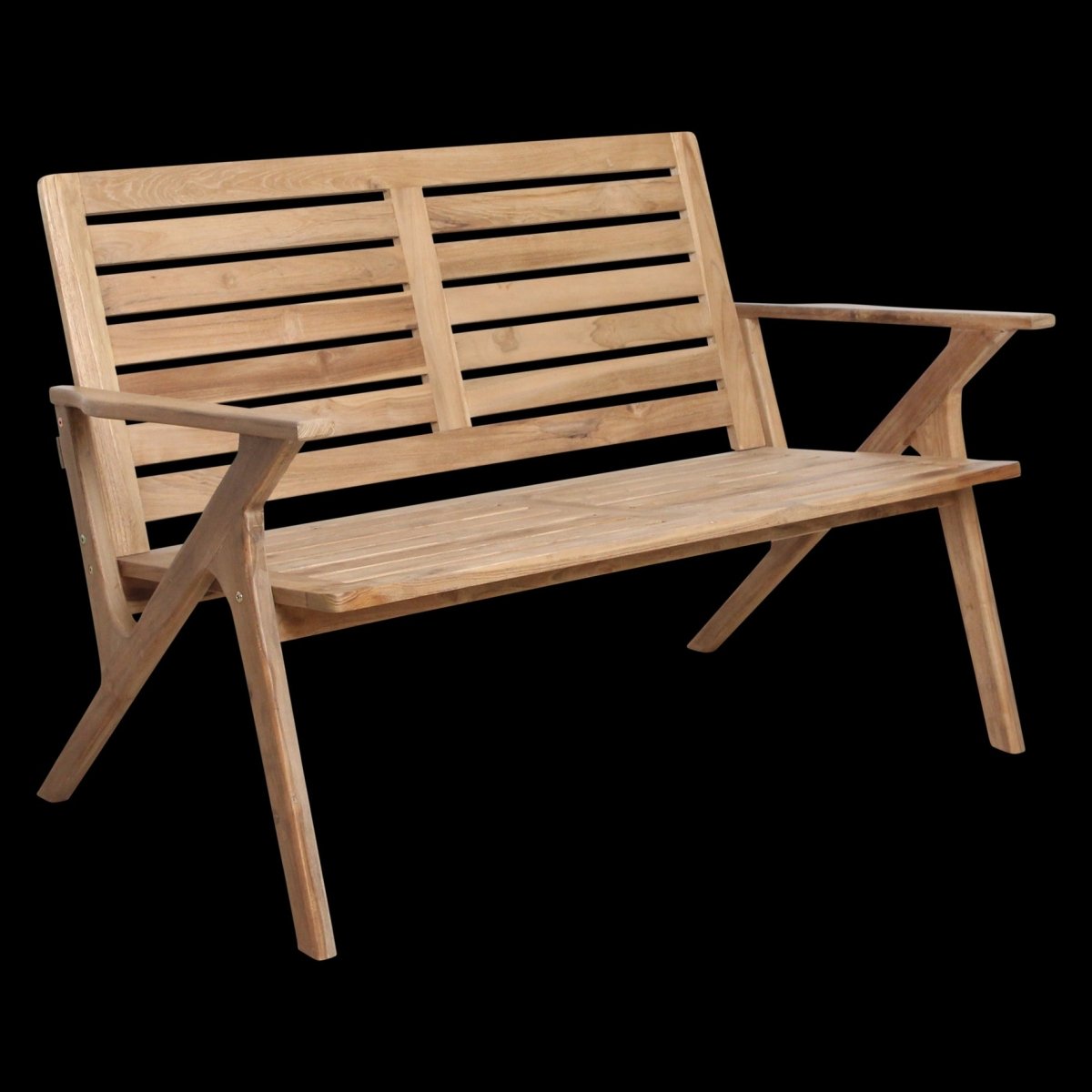 Wooden bench with slatted backrest on a white background