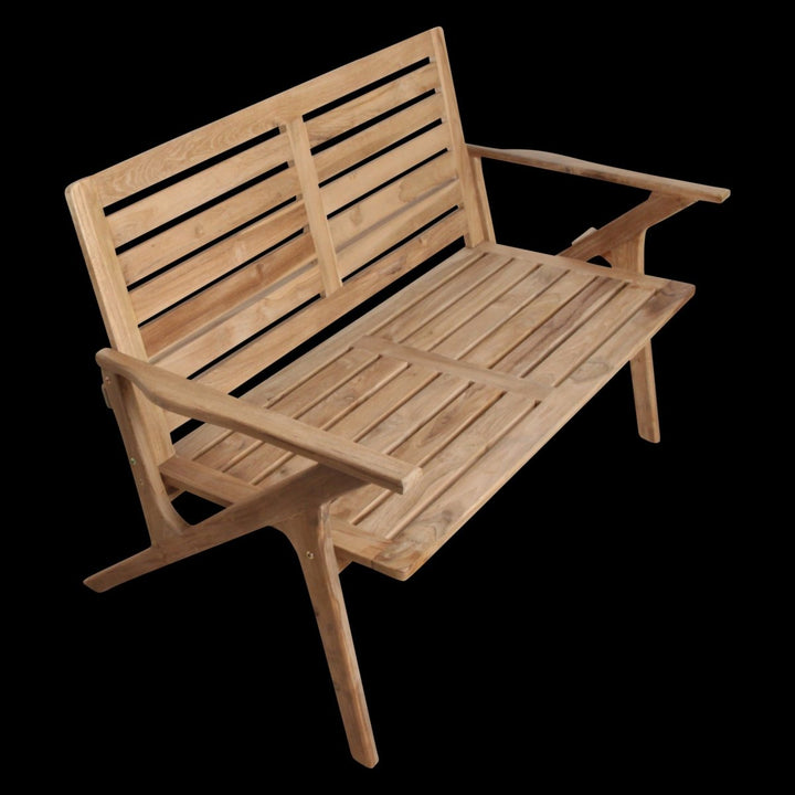 Wooden bench with slatted backrest on a white background