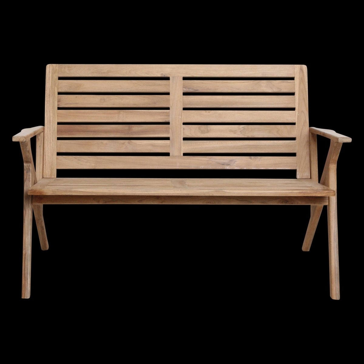 Wooden bench with slatted backrest on a white background