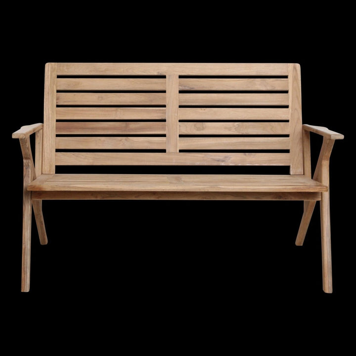 Wooden bench with slatted backrest on a white background