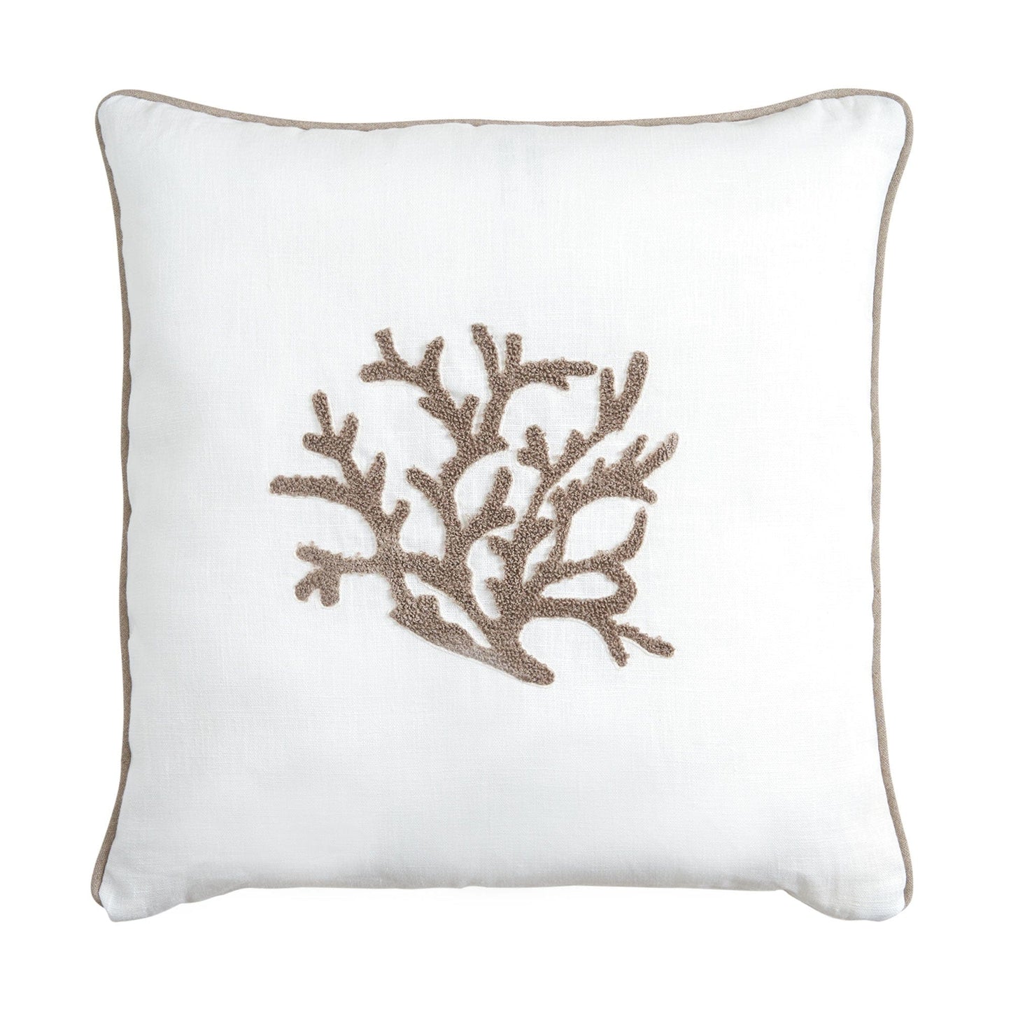 Zante Cushion by Bianco Perla, 100% white linen with coral design, 45x45cm.