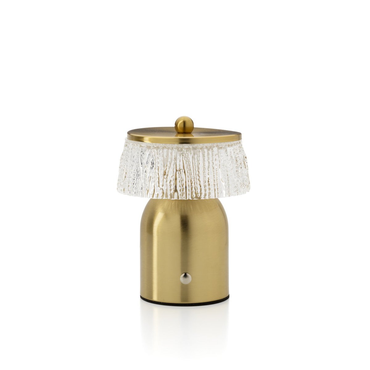 Gold table lamp with textured shade on a white background
