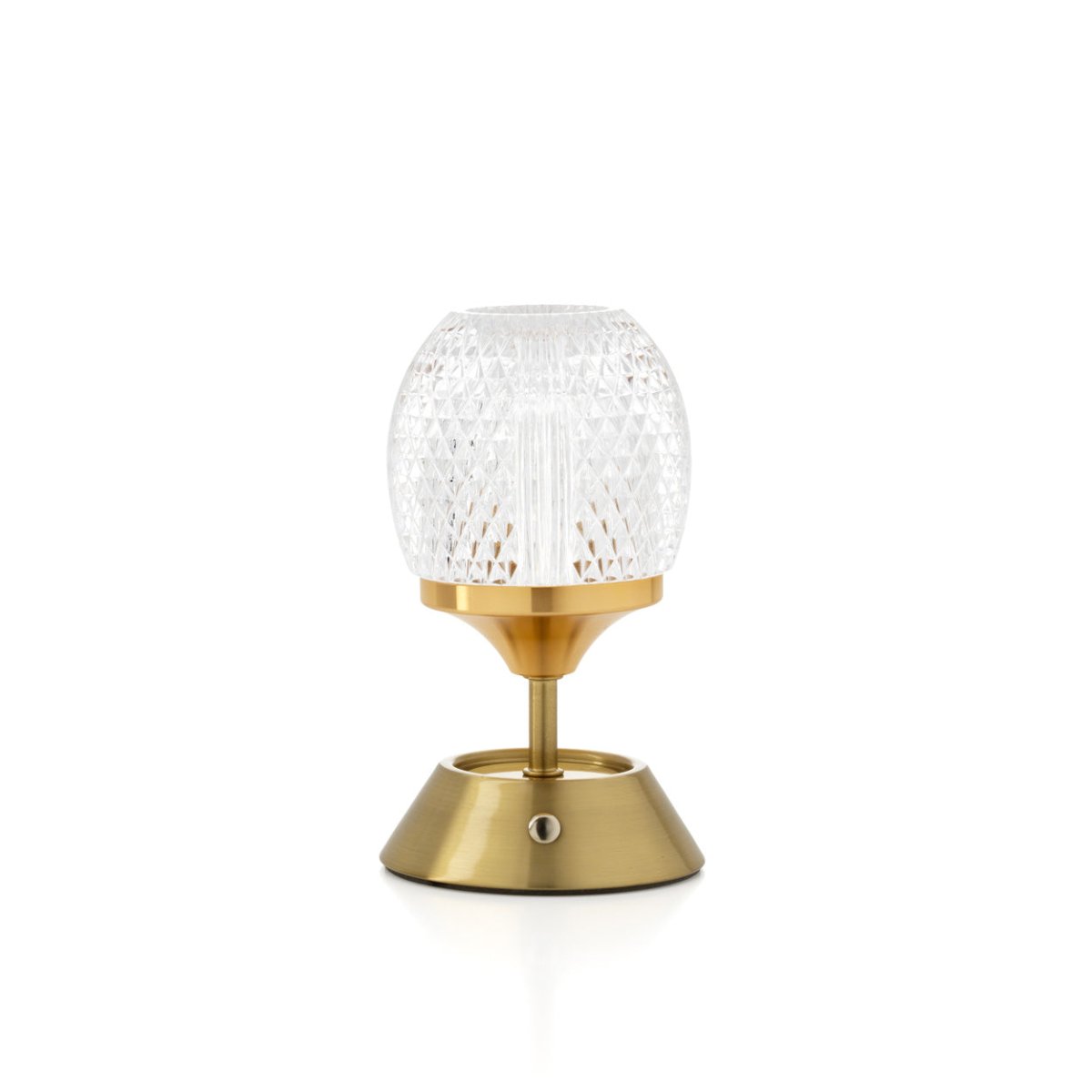 Decorative lamp with gold base and clear glass shade on a white background