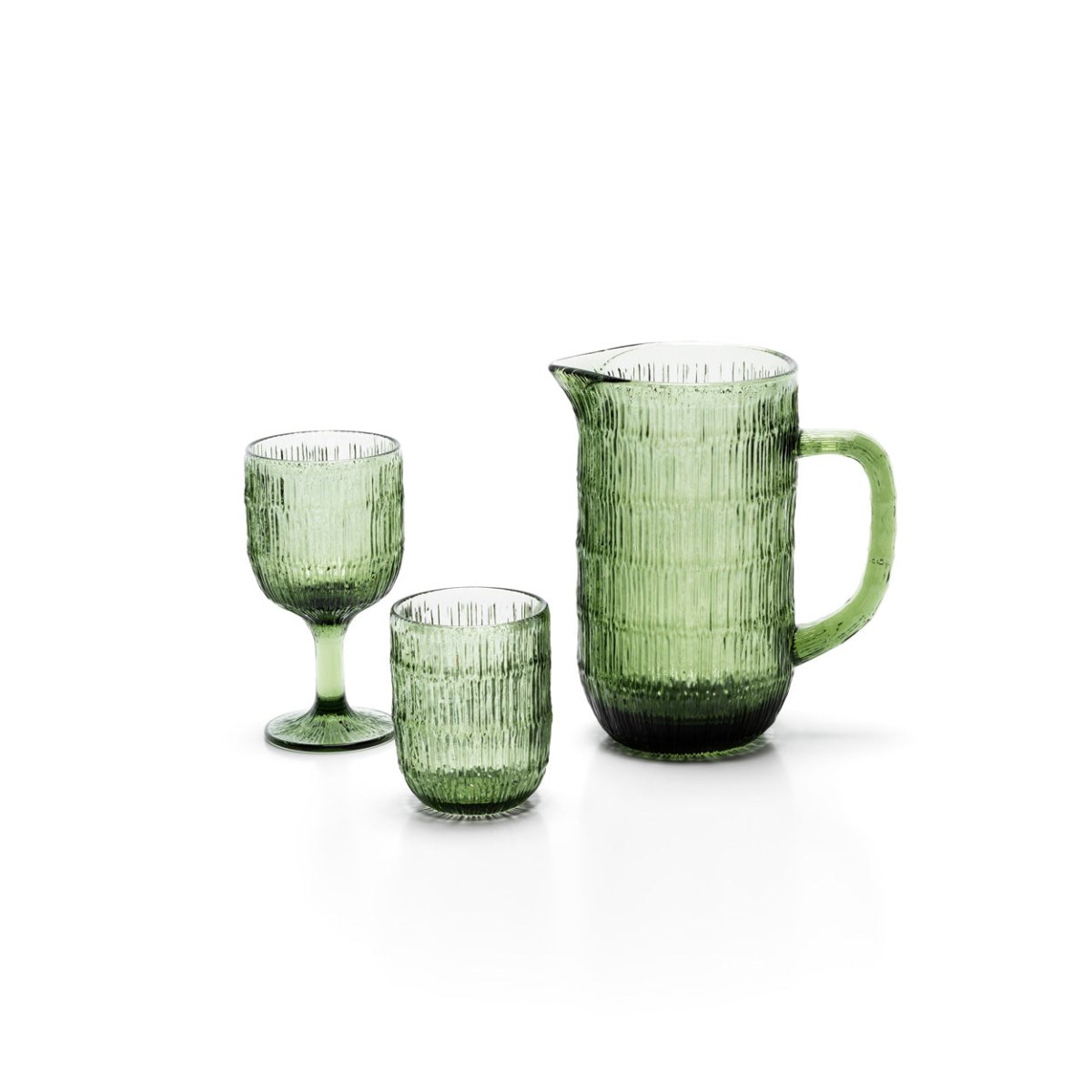 Set of green glassware including a pitcher and two glasses on a white background
