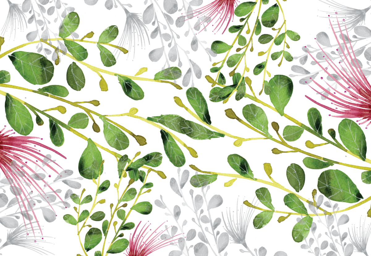 Decorative design with green leaves and pink flowers on a white background