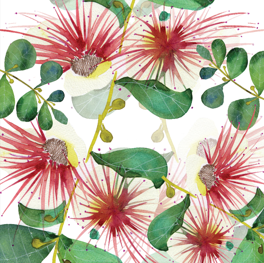 Pattern of red flowers with green leaves on a white background