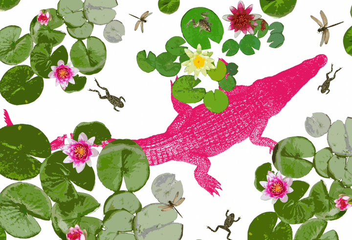 Pink crocodile surrounded by green lily pads and pink flowers on a white background