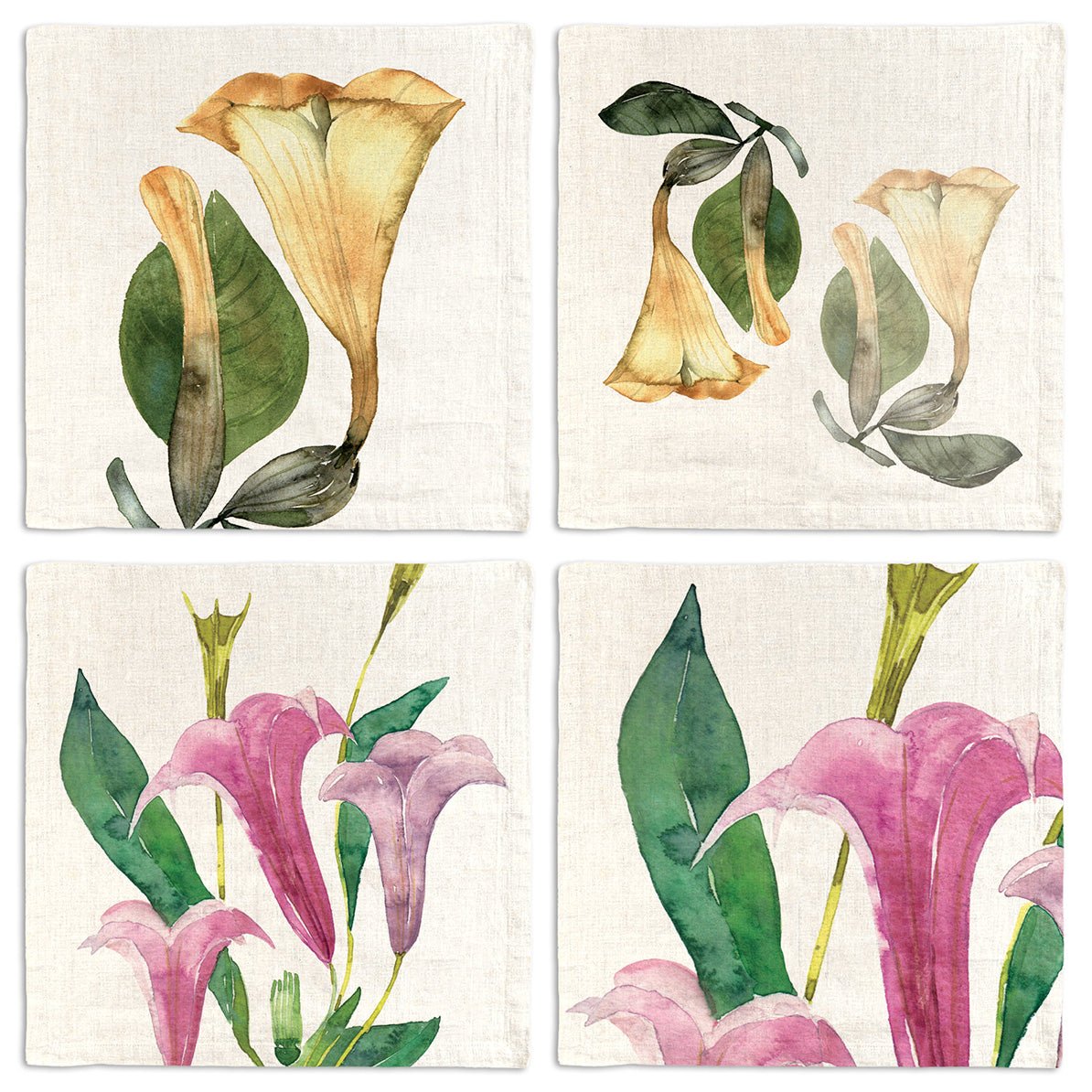 Set of four floral napkins with yellow, pink, and green flowers on a white background