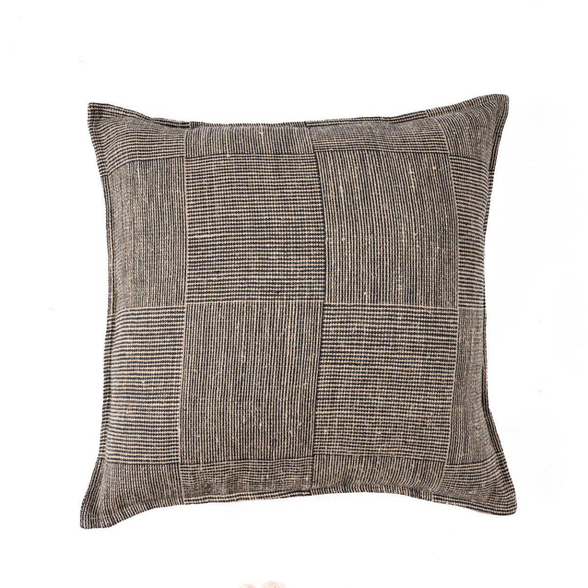 Textured square pillow with a checkered pattern on a white background