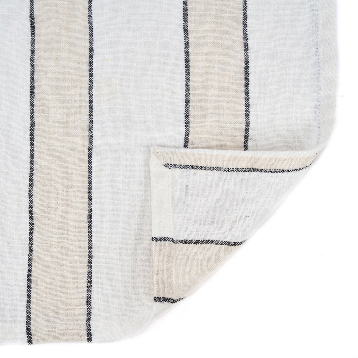 Close-up of a textured fabric with black vertical stripes on a white background