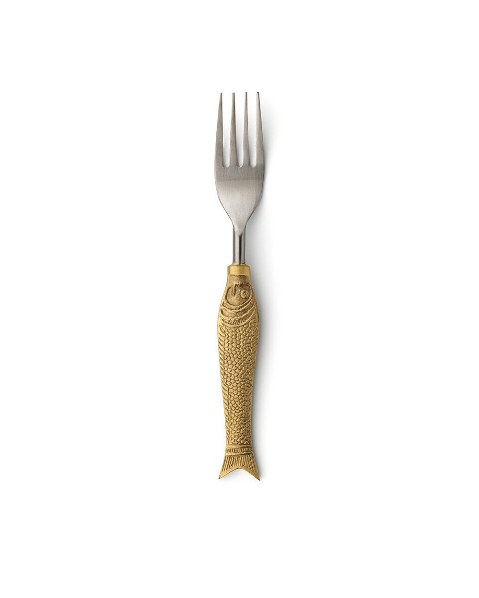 Fork with gold fish-shaped handle on a white background