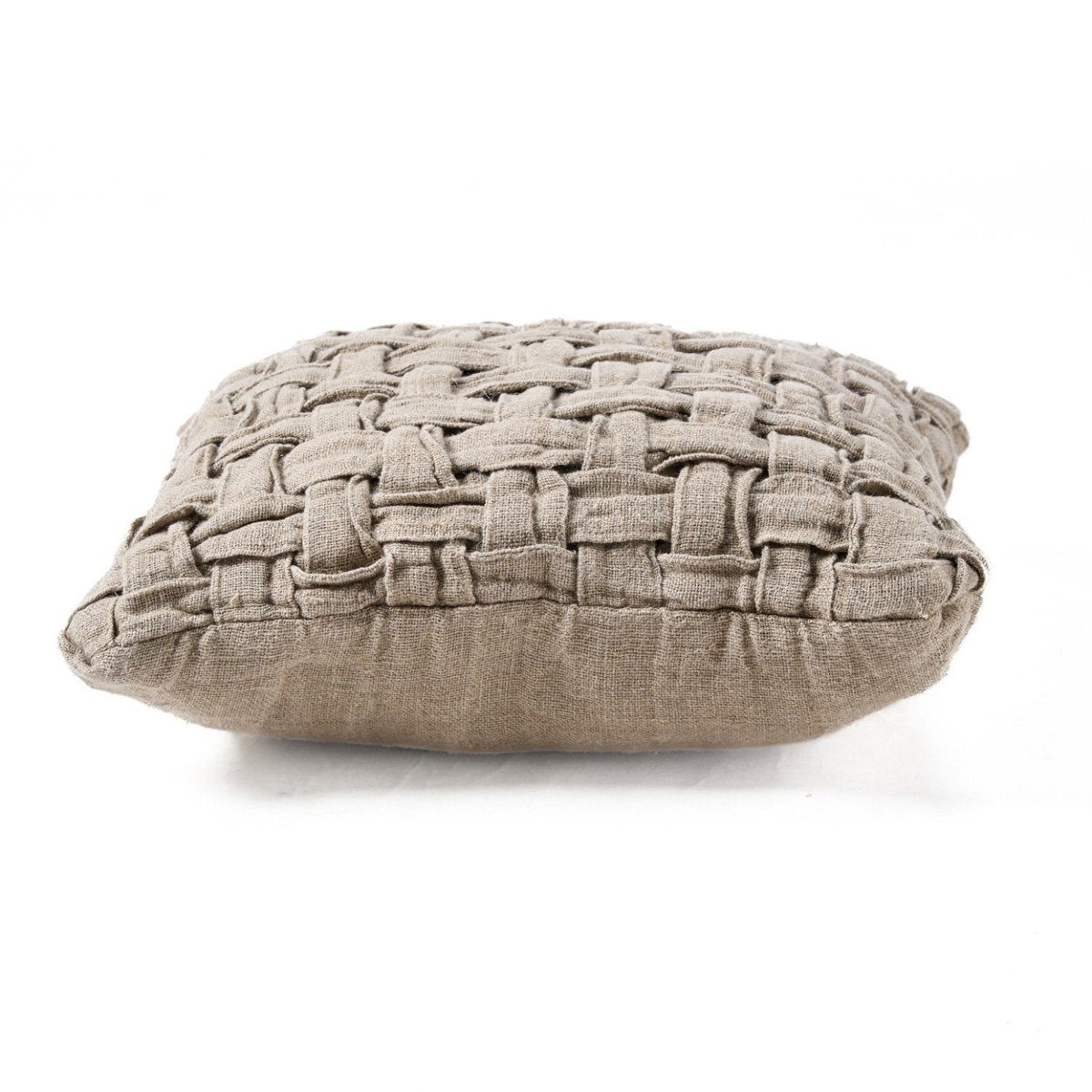 Woven beige cushion on a white background
