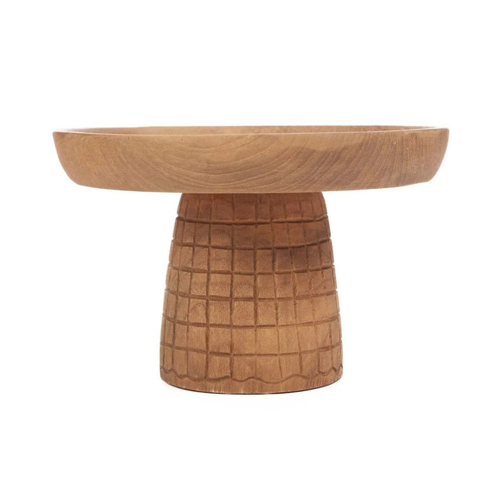 Wooden bowl with a textured pedestal base on a white background