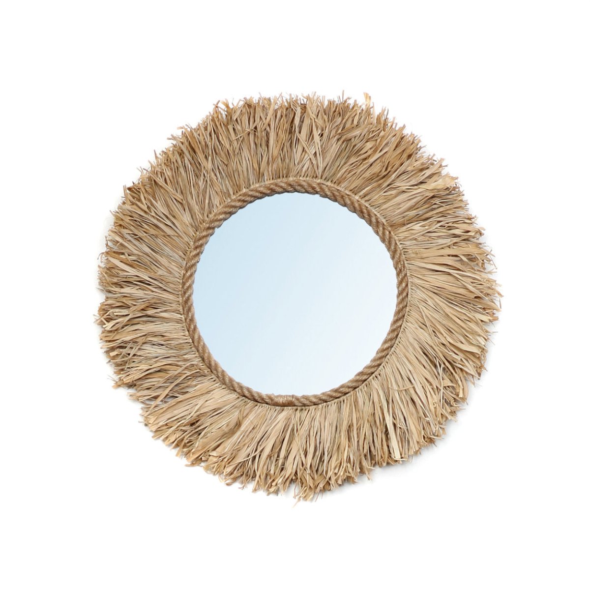 Round mirror with a natural raffia frame on a white background
