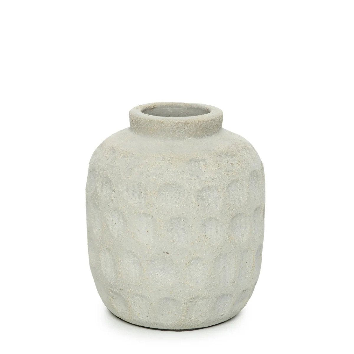 Textured gray ceramic vase on a white background