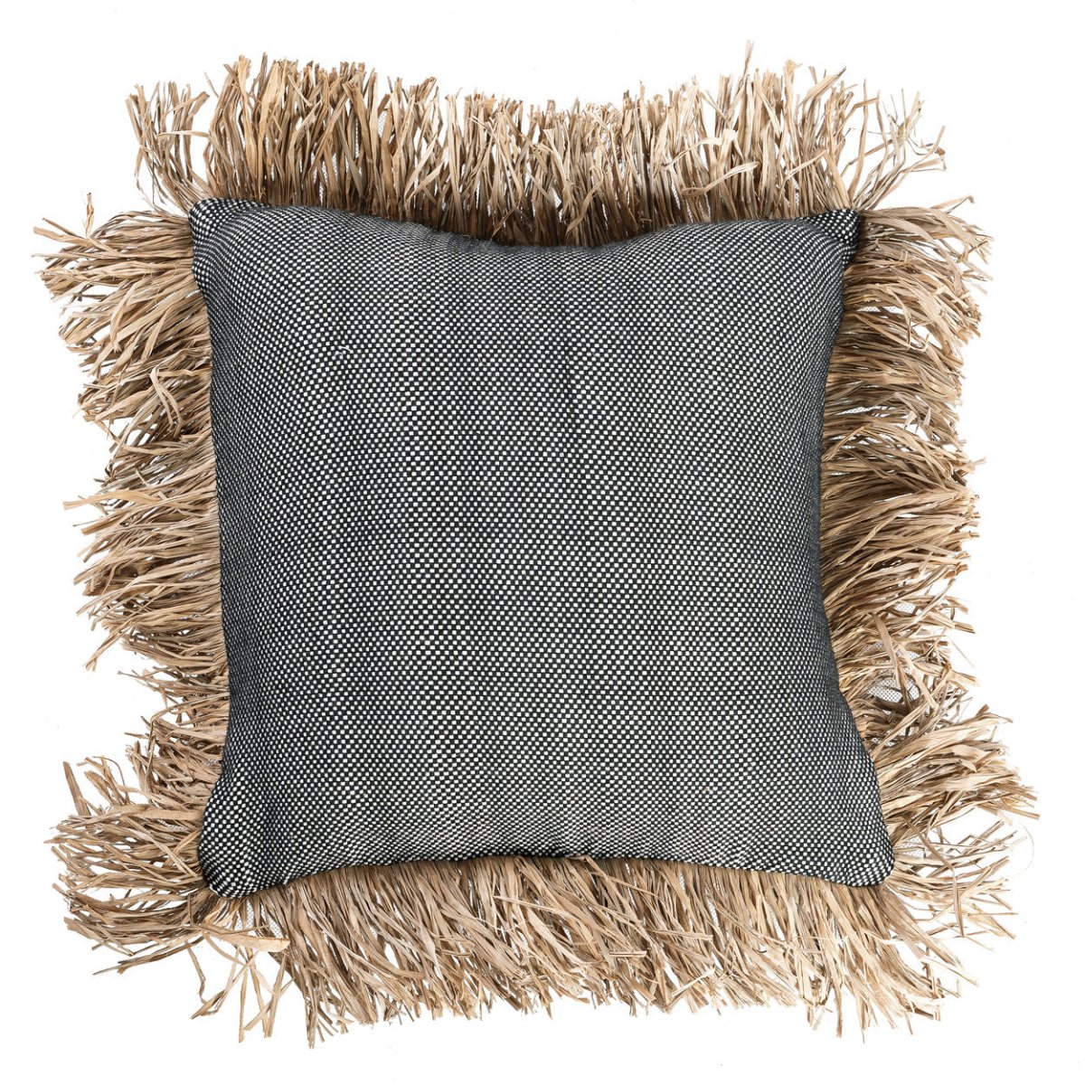 Gray textured pillow with natural fiber fringe on a white background