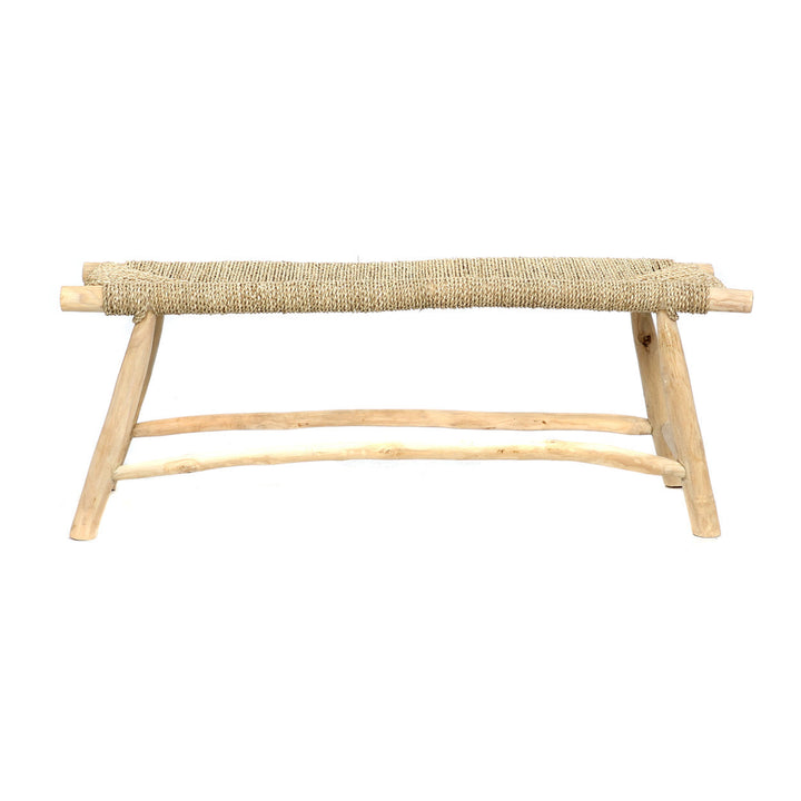 Wooden bench with woven top on a white background