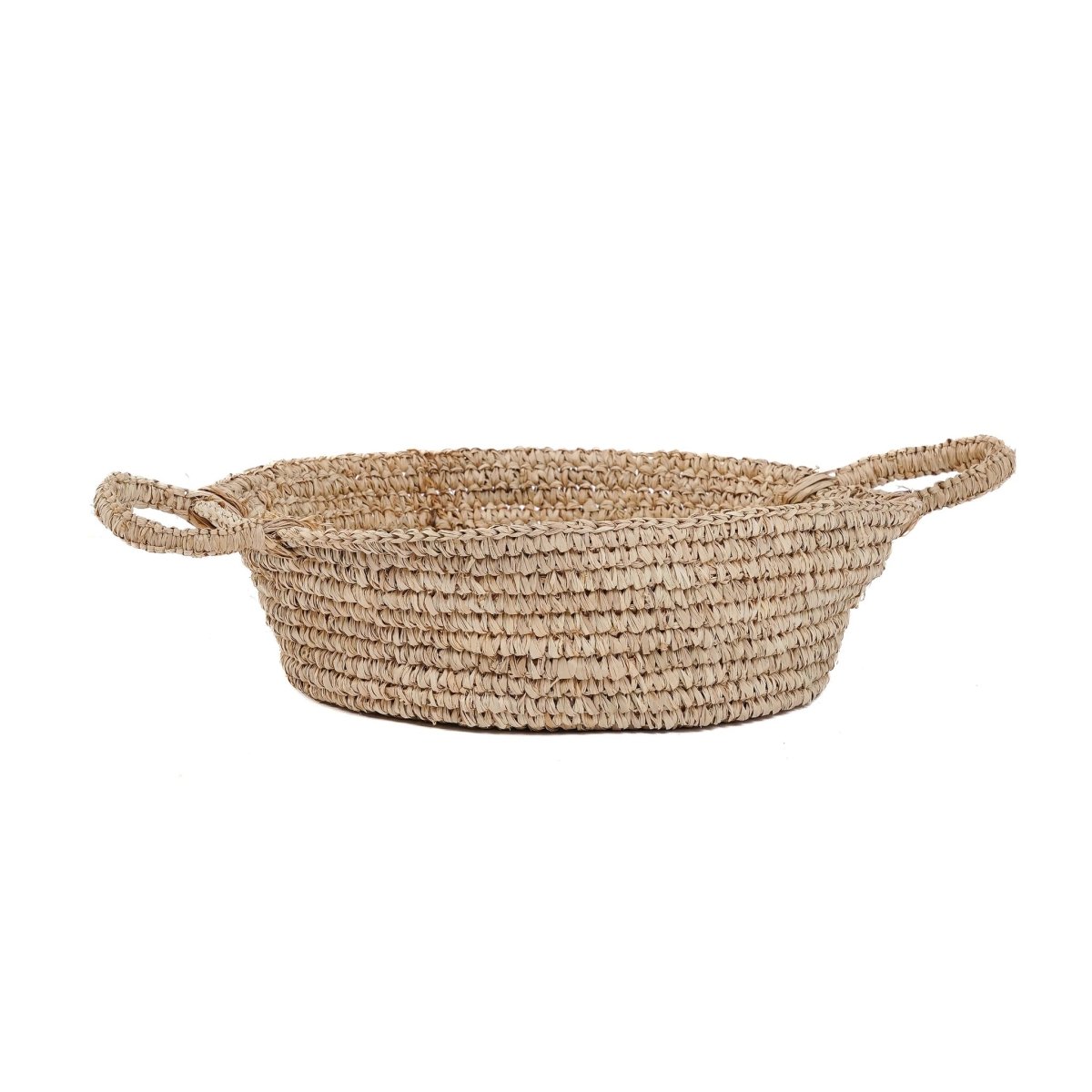 Woven basket with handles on a white background