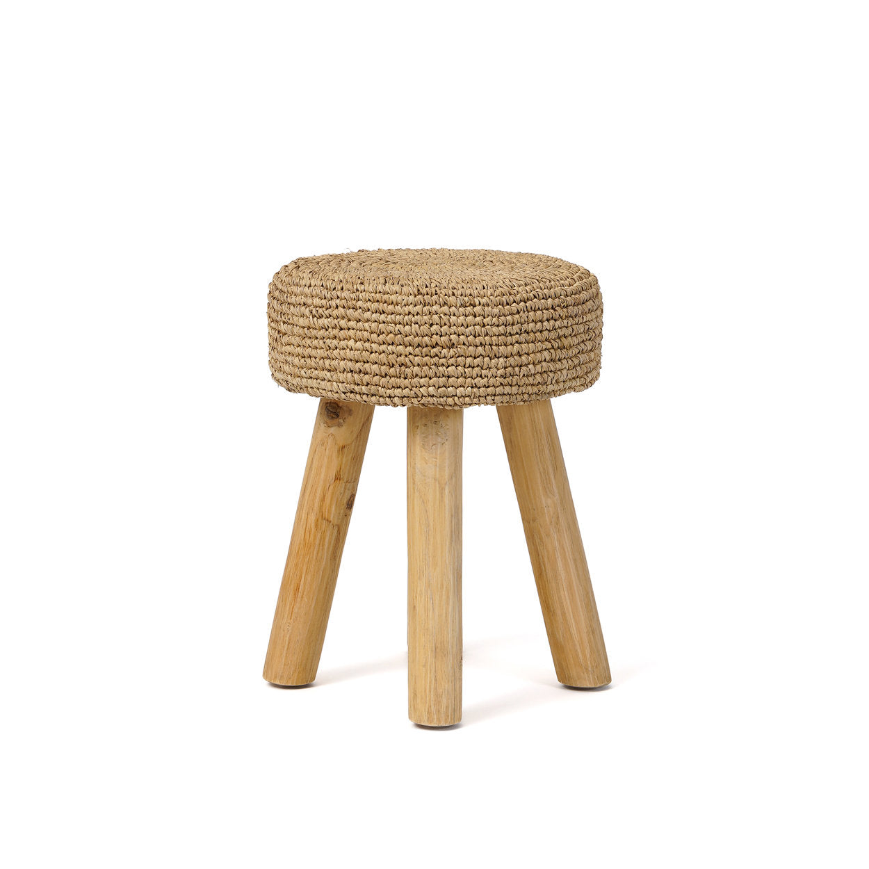 Small stool with woven top and wooden legs on a white background