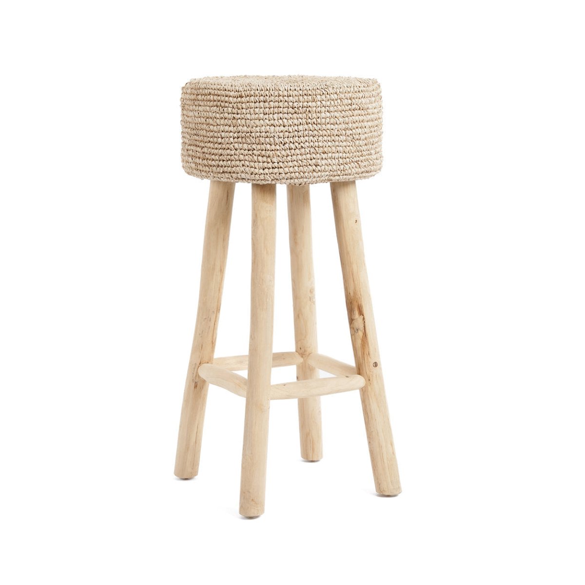 Raffia Bar Stool | Teak Wood & Handwoven Natural Seat - 