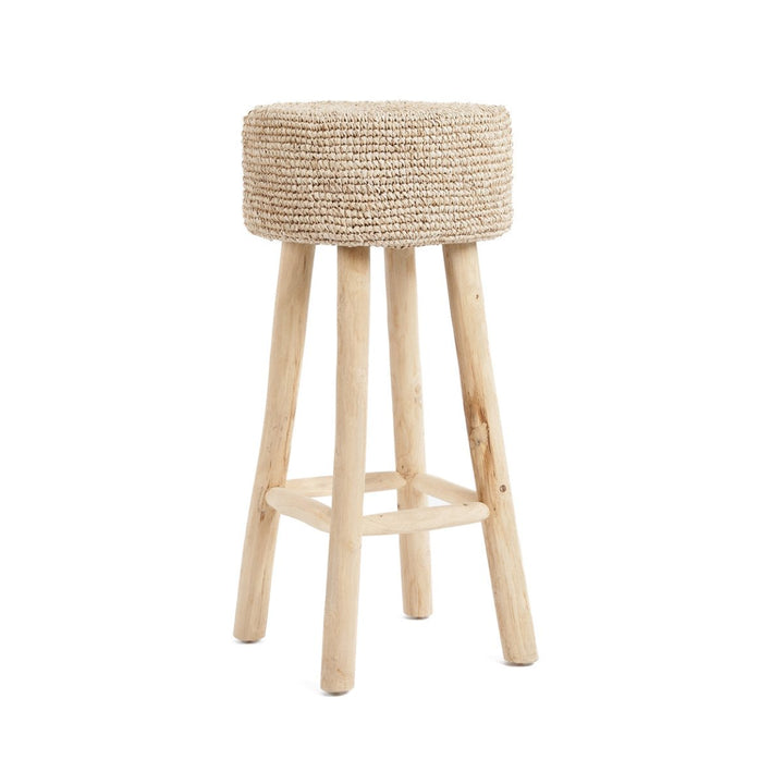 Raffia Bar Stool | Teak Wood & Handwoven Natural Seat - 