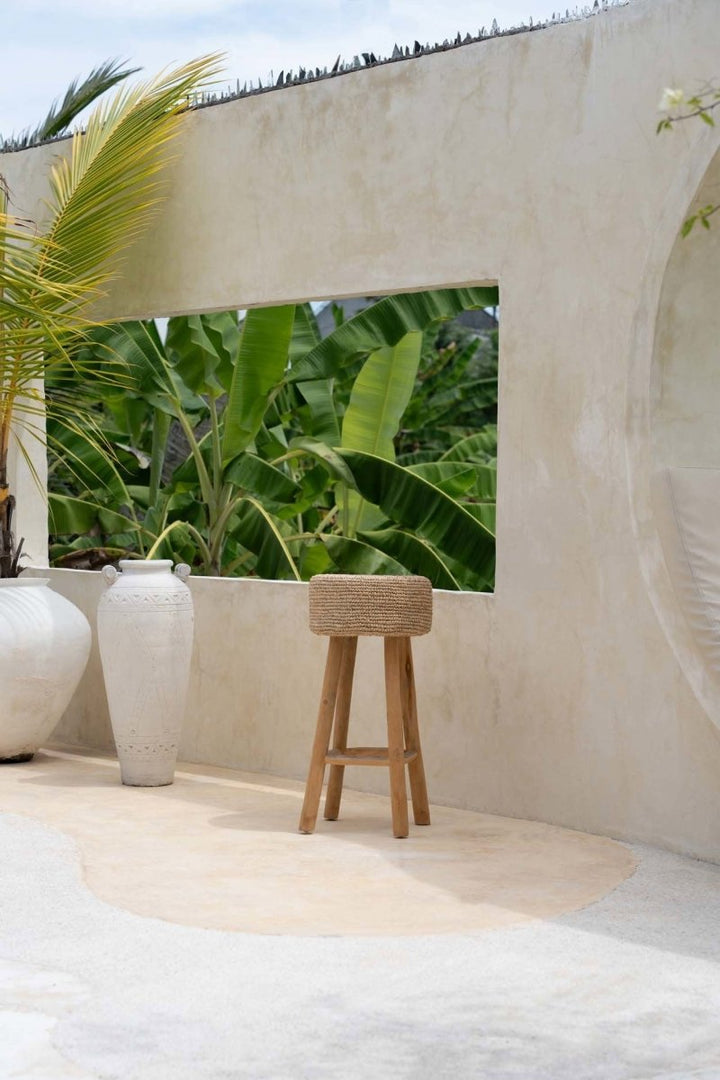 Raffia Bar Stool | Teak Wood & Handwoven Natural Seat - 
