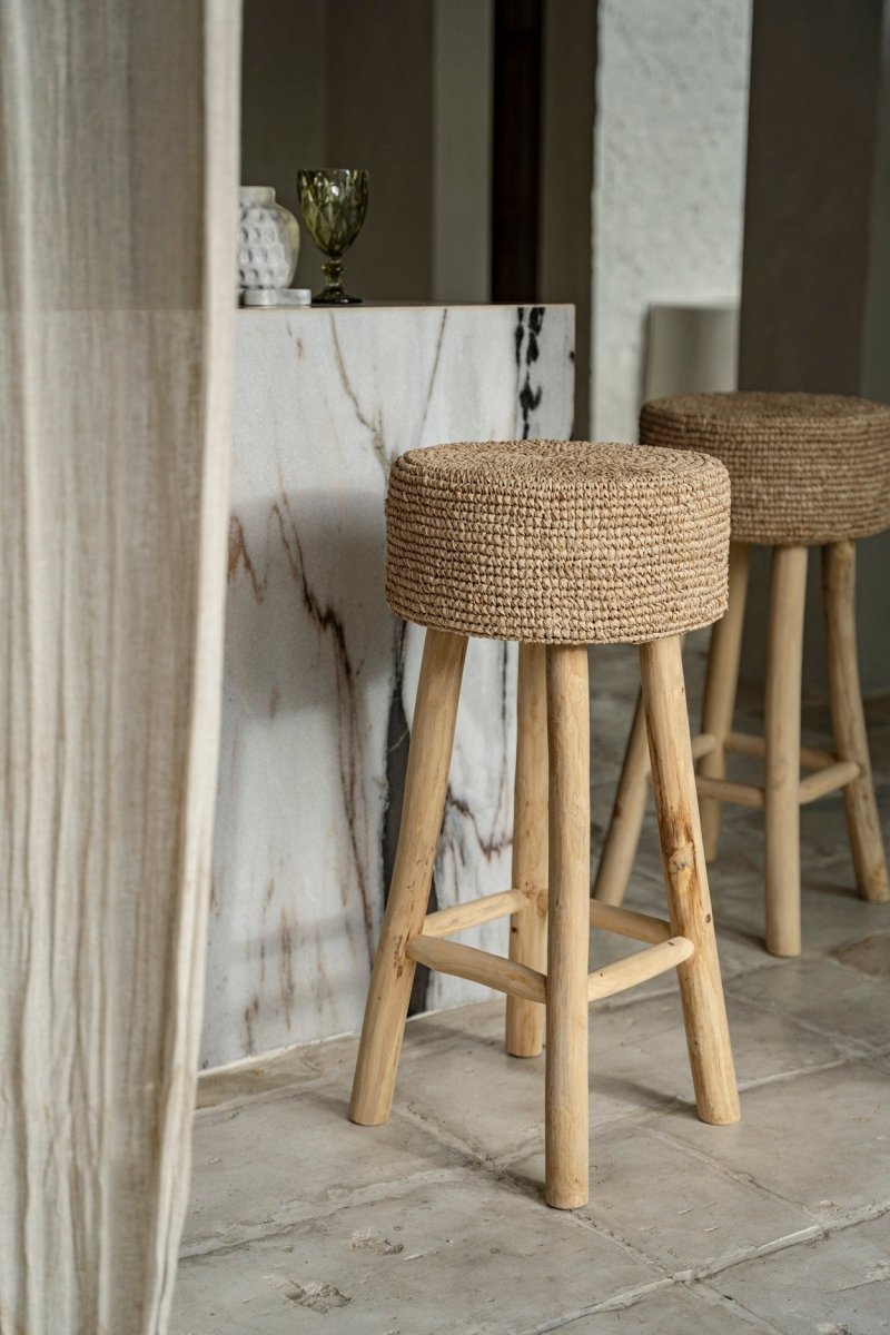 Raffia Bar Stool | Teak Wood & Handwoven Natural Seat - 