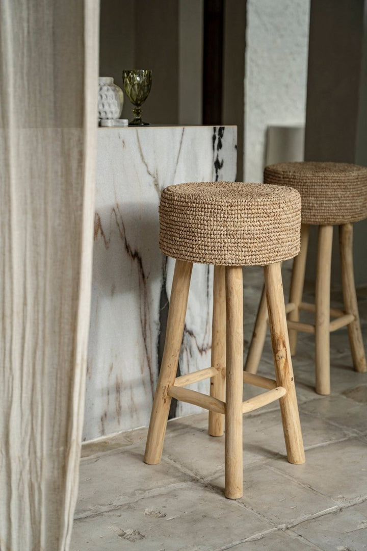 Raffia Bar Stool | Teak Wood & Handwoven Natural Seat - 