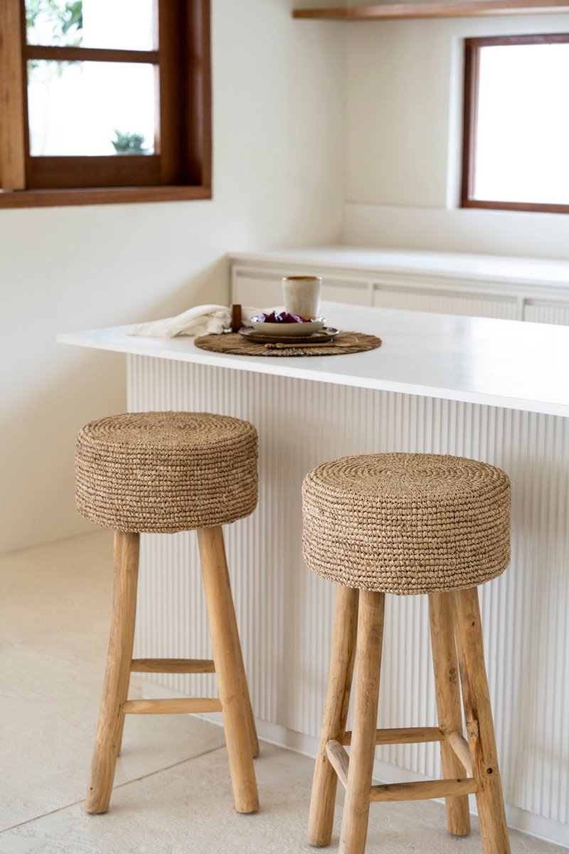 Raffia Bar Stool | Teak Wood & Handwoven Natural Seat - 