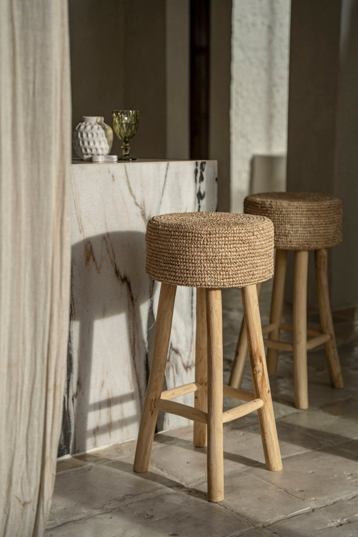 Raffia Bar Stool | Teak Wood & Handwoven Natural Seat - 