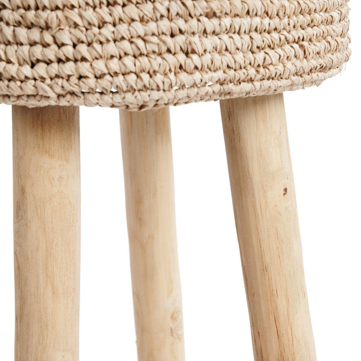 Raffia Bar Stool | Teak Wood & Handwoven Natural Seat - 