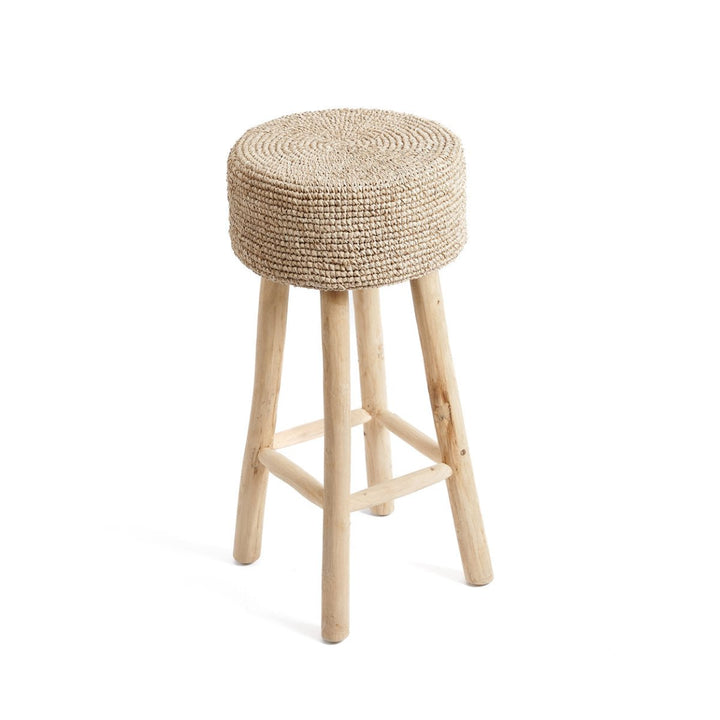 Raffia Bar Stool | Teak Wood & Handwoven Natural Seat - 