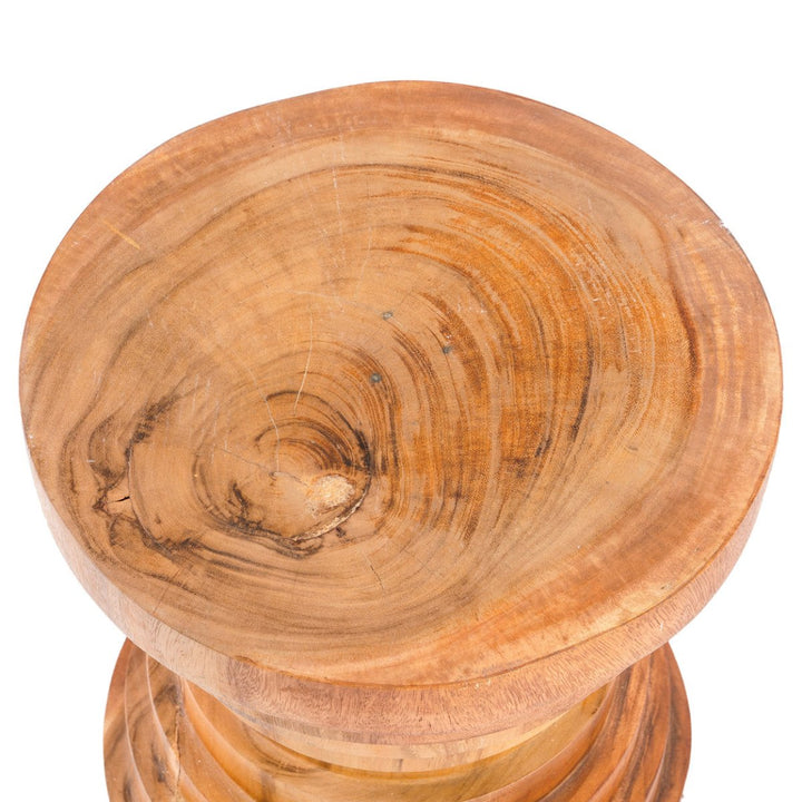 Wooden stool with a round top and visible grain pattern on a white background