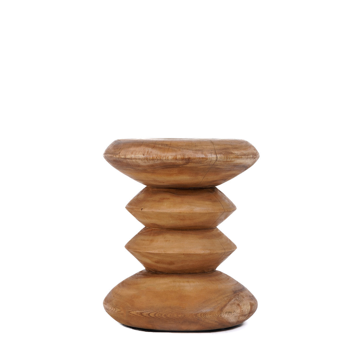 Wooden stool with stacked circular designs on a white background