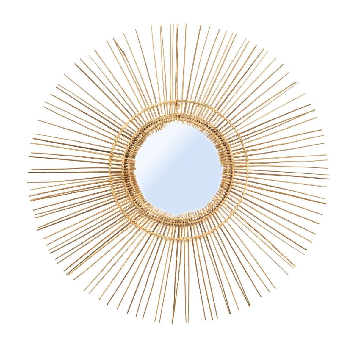 Decorative wall mirror with sunburst design on a white background