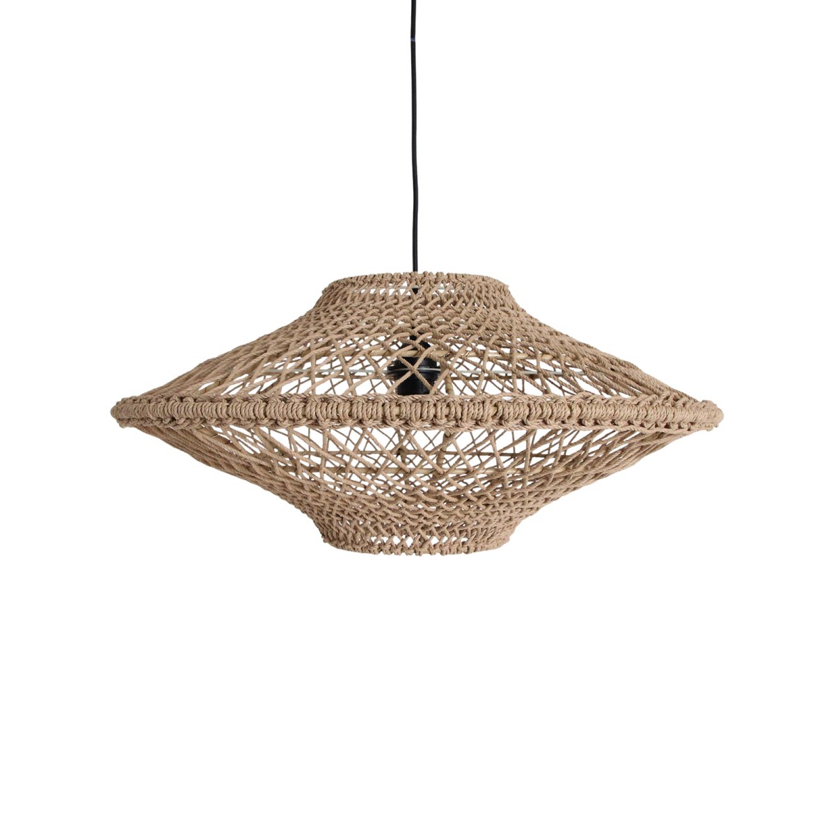 Woven pendant light on a white background