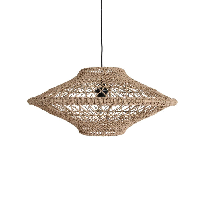Woven pendant light on a white background